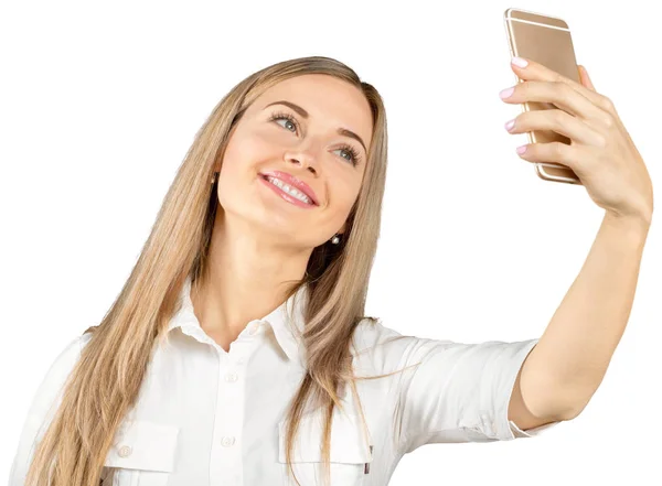 Mujer Joven Tomando Selfie Teléfono Inteligente Sobre Fondo Blanco — Foto de Stock