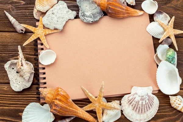 Shells Notepad Wooden Table Top View Copy Space — Stock Photo, Image