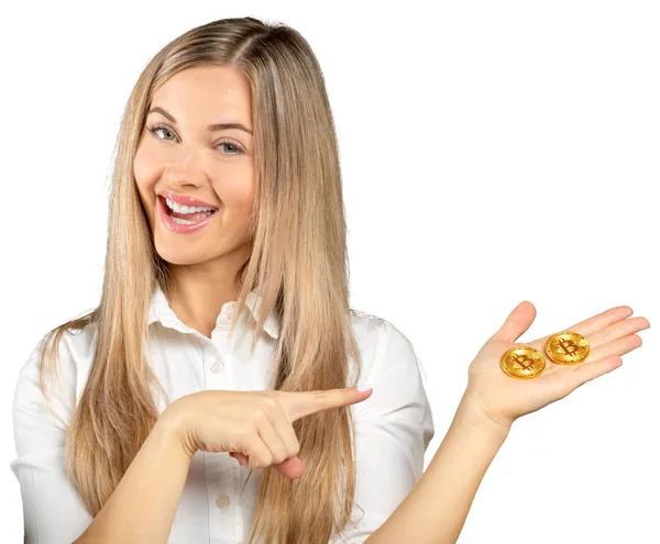 Mujer Celebración Oro Bitcoin Sobre Fondo Blanco — Foto de Stock