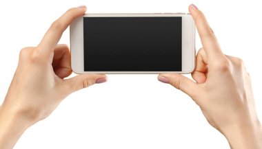 smartphone telefon üzerinde beyaz izole el ele tutuşur