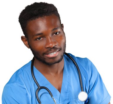 Steteskobu olan doktor beyaz arkaplanda izole edilmiş.