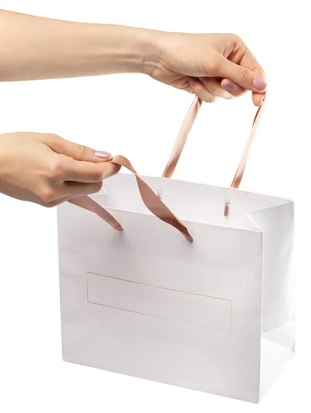 Shopping Bag Female Hands Holding Shopping Bag White Background — Stock Photo, Image