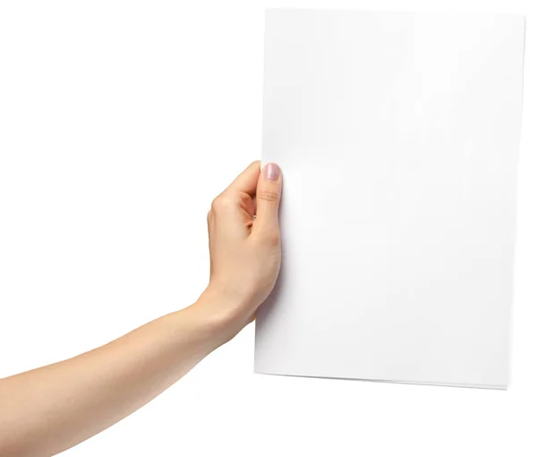 Рука Держит Чистую Бумагу Белом Фоне — стоковое фото