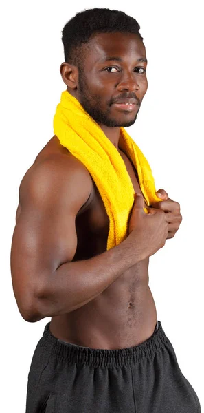 Bonito Homem Afro Americano Com Toalha Isolada Fundo Branco — Fotografia de Stock