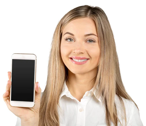 Jovem Mulher Segurando Smartphone Fundo Branco — Fotografia de Stock
