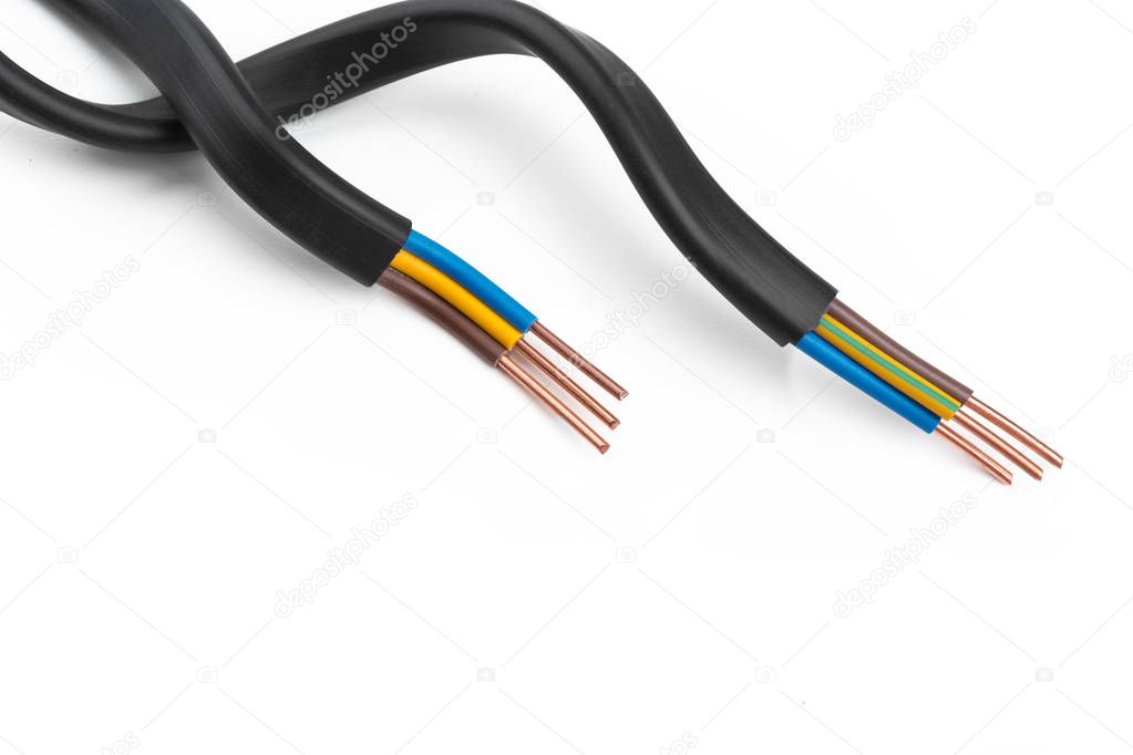 Electric screened cable with many wires isolated on white background