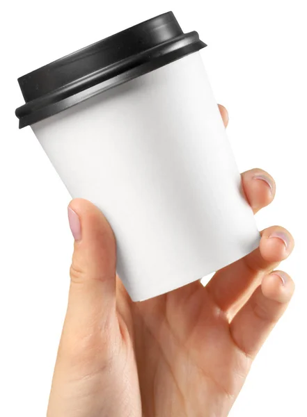 Рука Держа Чашку Кофе Бумаги Изолированы Белом Фоне — стоковое фото