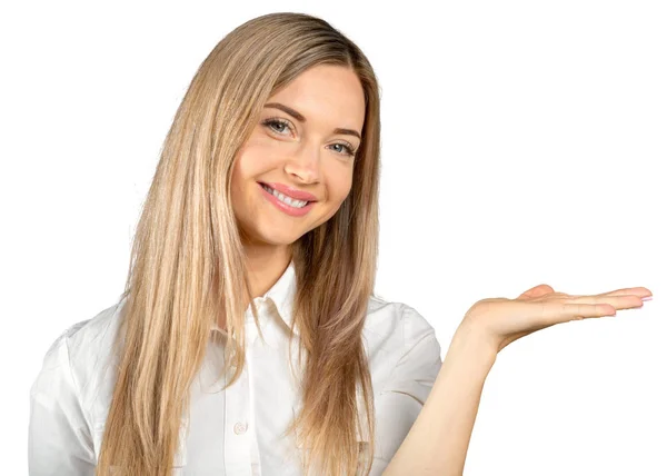 Retrato Mulher Feliz Isolado Sobre Fundo Branco — Fotografia de Stock