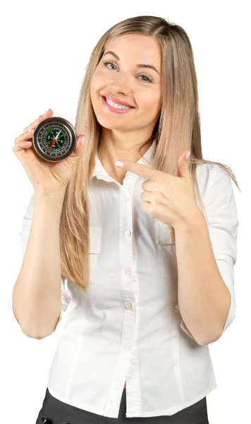 Young Businesswoman Holding Compass White Background — Stock Photo, Image