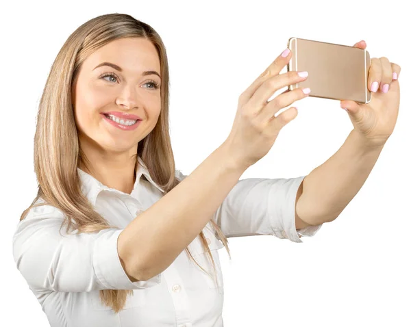 Mujer Joven Tomando Selfie Teléfono Inteligente Sobre Fondo Blanco — Foto de Stock