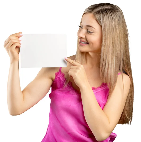 Mujer Mostrando Letrero Blanco Aislado Sobre Fondo Blanco —  Fotos de Stock