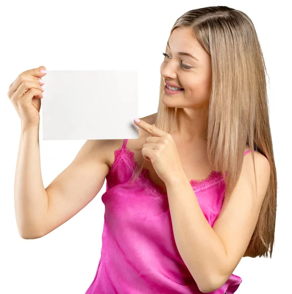 Mujer Mostrando Letrero Blanco Aislado Sobre Fondo Blanco — Foto de Stock