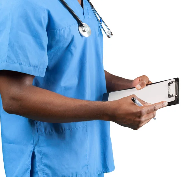 Médecin Avec Tableau Feuilles Isolées Sur Fond Blanc — Photo