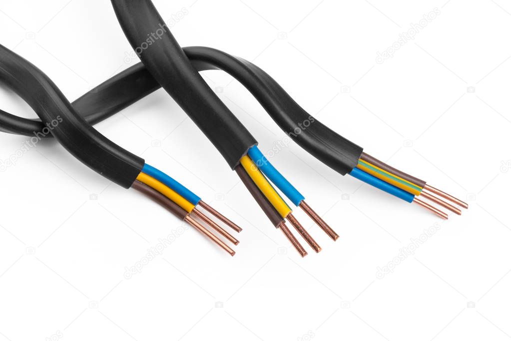 Electric screened cable with many wires isolated on white background