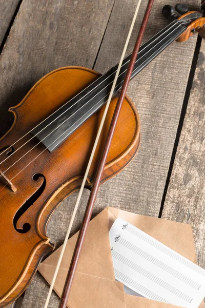 Sheet Music Violin Wooden Table — Stock Photo, Image