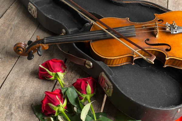 Gyönyörű Piros Rózsák Hegedű Fából Készült Háttér — Stock Fotó