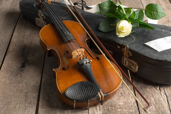 美丽的小提琴与玫瑰在木质背景 — 图库照片