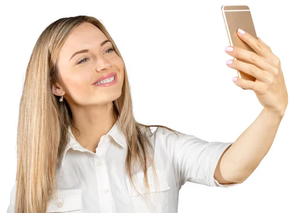 Mujer Joven Tomando Selfie Teléfono Inteligente Sobre Fondo Blanco — Foto de Stock