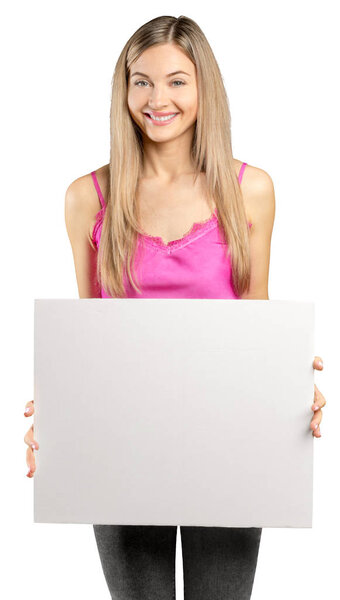 woman showing blank signboard, isolated on white background