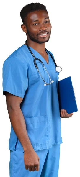 白い背景に分離されたフリップ チャートを持つ医師 — ストック写真