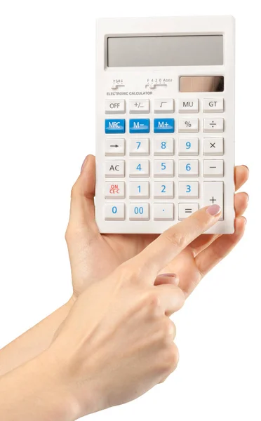 Ruce Kalkulačkou Izolovaných Bílém Pozadí — Stock fotografie