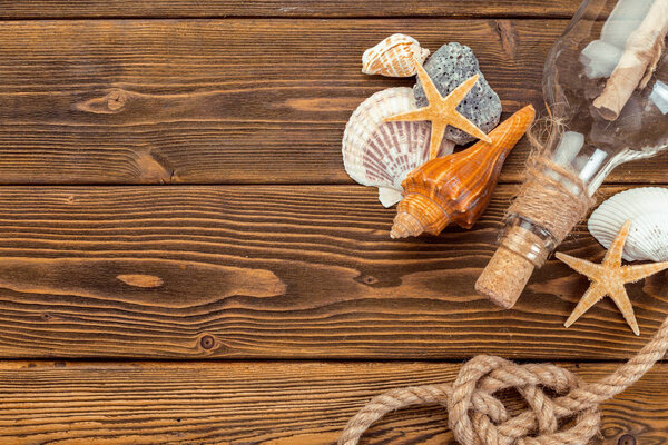 Seashells border on wood. Marine background.
