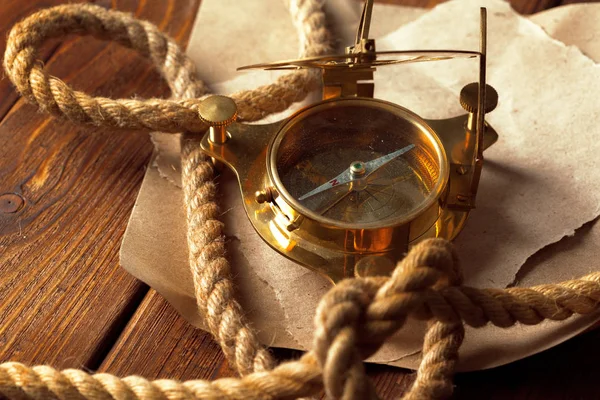 Compass Rope Wooden Table Close — Stock Photo, Image