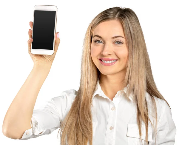 Junge Frau Hält Smartphone Auf Weißem Hintergrund — Stockfoto