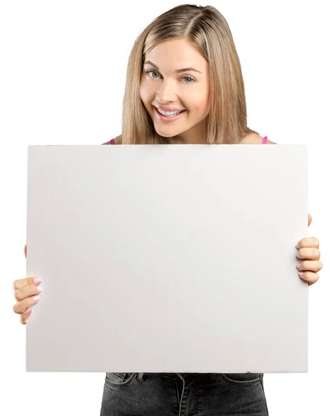 Mujer Mostrando Letrero Blanco Aislado Sobre Fondo Blanco — Foto de Stock