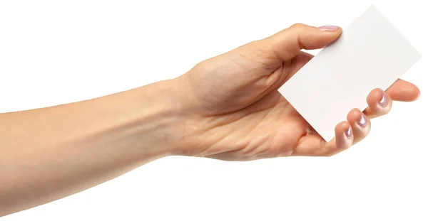 Kobiece Ręki Trzymającej Pusty Papier Białym Tle Kopiuj Wklej Obraz — Zdjęcie stockowe