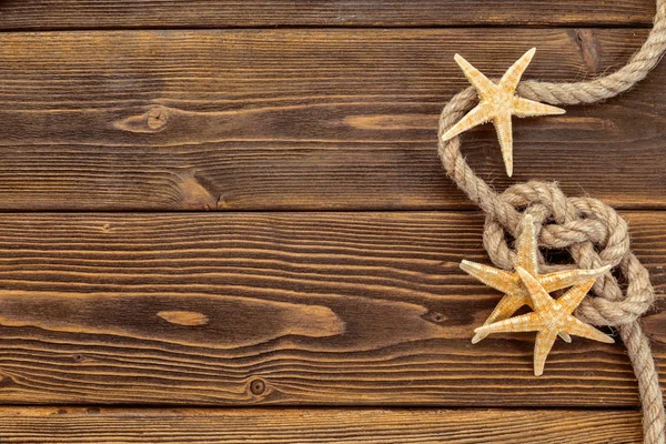 Seashells Fazem Fronteira Com Madeira Fundo Marinho — Fotografia de Stock