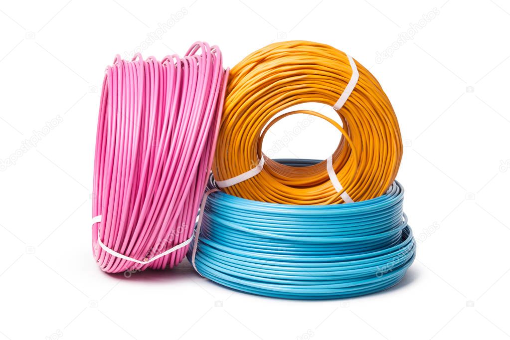 Electrical cables, energy and technology equipment isolated on white background