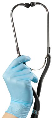 stetoskop elinde, yakın çekim, beyaz arka plan üzerinde izole