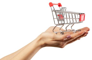 Beyaz arka plan üzerinde elinde alışveriş sepeti