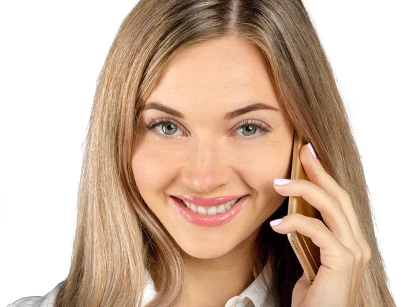 Junge Frau Hält Smartphone Auf Weißem Hintergrund — Stockfoto