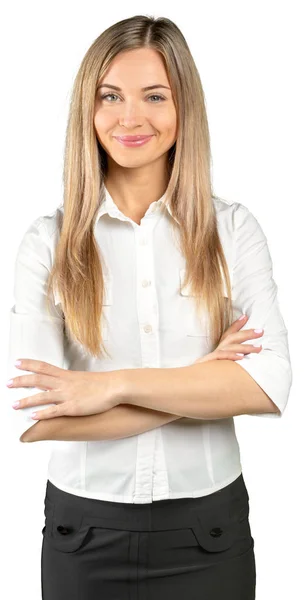 Beyaz Arka Plan Üzerinde Izole Mutlu Gülümseyen Genç Kadını Portresi — Stok fotoğraf