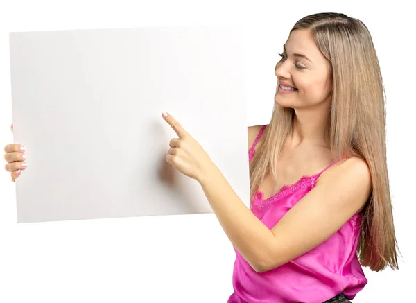 Γυναίκα Που Δείχνει Κενό Πινακίδα Που Απομονώνονται Λευκό Φόντο — Φωτογραφία Αρχείου