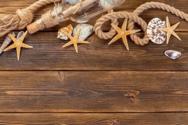 Deniz kabuklarını tahtaya kenarlık. Deniz arka plan.