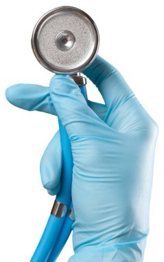 stetoskop elinde, yakın çekim, beyaz arka plan üzerinde izole