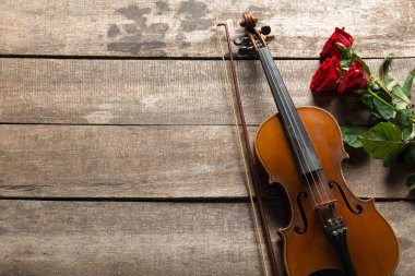 güzel kırmızı gül ve keman ahşap arka plan üzerinde 