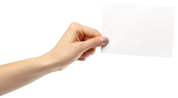 Hand Hält Leeres Papier Isoliert Auf Weißem Hintergrund — Stockfoto