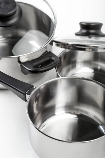 Stainless Steel Pots Pans Isolated White — Stock Photo, Image