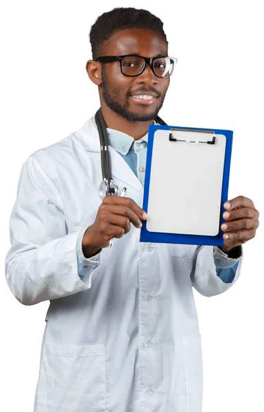 Médecin Avec Tableau Feuilles Isolées Sur Fond Blanc — Photo