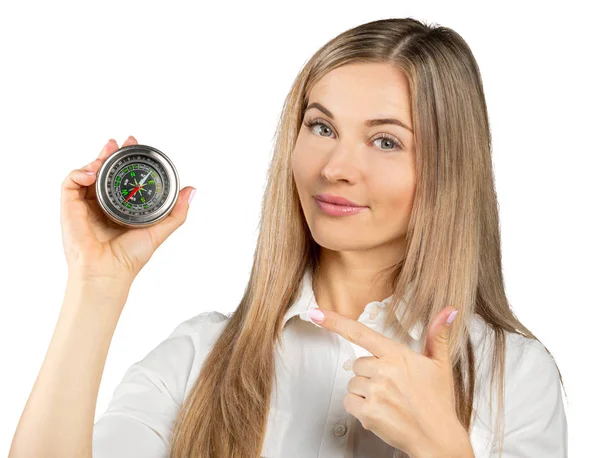 Junge Geschäftsfrau Mit Kompass Auf Weißem Hintergrund — Stockfoto