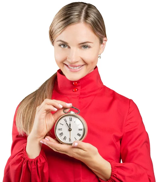 Young Businesswoman Holding Clock White Background — Stock Photo, Image