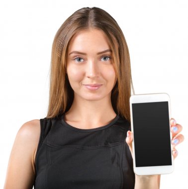 smartphone tutan güzel genç kadın portresi