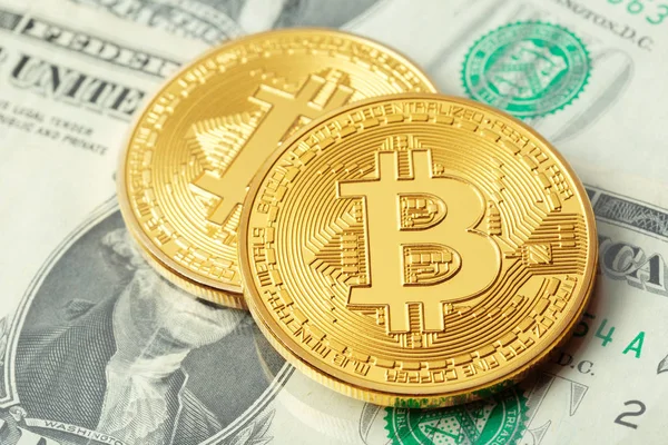 Bitcoins Dólares Fundo — Fotografia de Stock