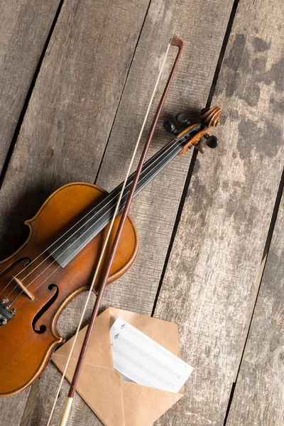 Sheet Music Violin Wooden Table — Stock Photo, Image