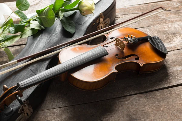 Belo Violino Com Rosa Fundo Madeira — Fotografia de Stock