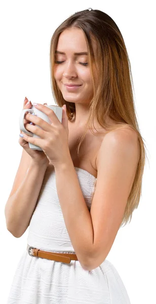 Portrait Young Woman Cup Coffee Tea — Stock Photo, Image